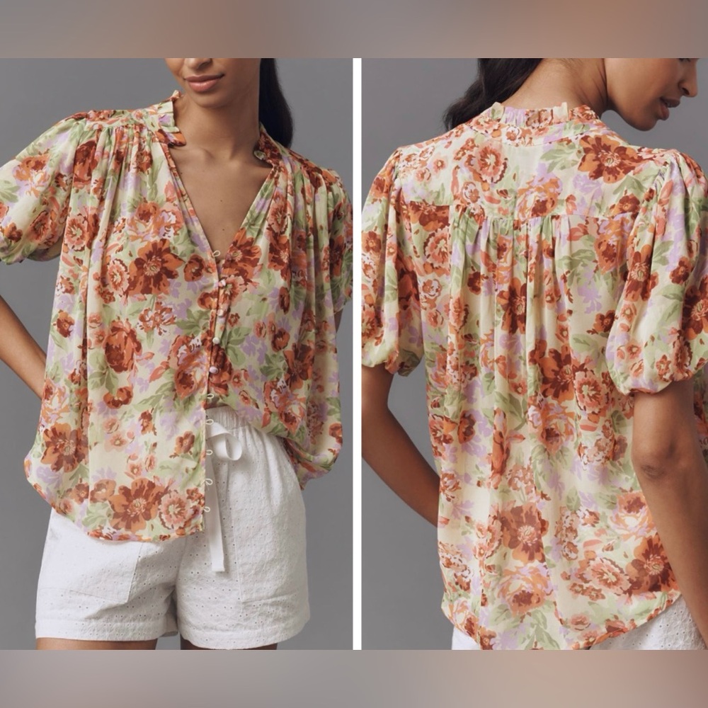 Anthropologie The Estela Puff-Sleeve Sheer Floral Blouse, Size LP